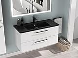 Aqua Bango | Badezimmer Waschbecken in Schwarz Matt mit Unterschrank, Badschrank Weiß Hochglanz, Waschtisch | 100 cm