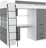 FurnitureByJDM Hochbett mit Schreibtisch, Schubladen, Kleiderschrank und Bücherregal - Level L - (CraftWeiß/Graphit)