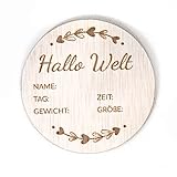 Holzura Hallo Welt Schild, Geburtsanzeige, Baby Namensschild, Neugeborenen Holz Schild, Geschenk für Mädchen und Jungen, Deko Kinderzimmer Andenken als Meilensteine