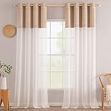 MIULEE Voile Vorhänge Leinenvorhang Sheer Vorhang Ösenschal Leinen Optik Gardinen mit Ösen Fensterschal Zweifarbiger Dekoschal Schlafzimmer Wohnzimmer 2er Set 140x225cm (B x H) Beige und Weiß