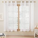 Deconovo Gardinen Schals Ösenvorhang Transparent Gardinen Wohnzimmer Vorhang Stickerei 138x140 cm Weiß Blatt 2er Set