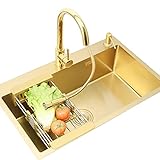 Waschbecken Gold mit Abflussregal, Küche aus Edelstahl 304 mit ausziehbarem Wasserhahn, Gold-Bar-Wasserhahn, sämtliches Zubehör im Lieferumfang enthalten (Farbe: Gold, Größe: 45 x 40 cm)