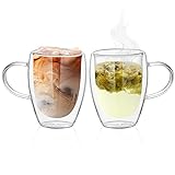 Relota 2er set Doppelwandige Gläser Kaffeetasse Teegläser mit Henkel, Thermogläser Doppelwandig Kaffeegläser groß, Doppelglas Tassen Teeglas Kaffeeglas, glas für Latte Macchiato Cappuccino Milchtopf