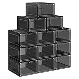 SONGMICS Schuhboxen, Schuh-Organizer aus Kunststoff, mit Tür, durchsichtig, Kunststoffboxen, 12er Set, stapelbar, einfache Montage, 27 x 34,5 x 19 cm, für Schuhe bis Größe 46, schwarz LSP032B12V1