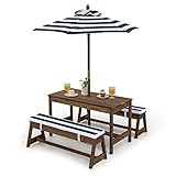 COSTWAY Kinder Picknicktisch mit Bänke, Kissen & Sonnenschirm, Kindersitzgruppe aus Holz, Gartenmöbel für Kleinkinder, Sitzgarnitur Sitzgruppe Kindermöbel-Set für Garten, Hinterhof, Terrasse (Blau)