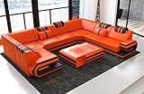 Sofa Wohnlandschaft Ragusa Ledersofa U Form - mit LED Beleuchtung, verstellbare Kopfstützen/Lederfarben wählbar/Ausrichtung wählbar (Lange Seite rechts, Orange-Schwarz)