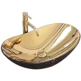 Rea Aufsatzwaschbecken Royal in Gold marble black mat Waschtisch Handwaschbecken Waschschale Waschbecken für Badezimmer aus hochwertiger Keramik 605 x 360 x 160 mm (Gold)