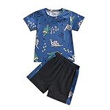Julhold Trainingsanzug Sportkleidung Kurzärmliges Kinderoberteil Mit Dinosaurier Drucken + Hose Zweiteiliger Kleidungsanzug Kinder Bekleidungsset(Blau,90)