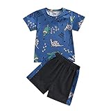 Julhold Trainingsanzug Sportkleidung Kurzärmliges Kinderoberteil Mit Dinosaurier Drucken + Hose Zweiteiliger Kleidungsanzug Kinder Bekleidungsset(Blau,90)