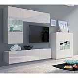 Lomadox Wohnwand Anbauwand weiß Hochglanz 4-teilig Modern, mit 1 TV-Lowboard, 1 Hängeschrank, 1 Hängevitrine, 1 Highboard