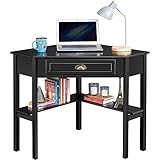 Yaheetech Schreibtisch Ecktisch Platzsparender Computertisch mit Schublade und Regalen Eckschreibtisch für Kleiner Raum, 106 × 71,5 × 77 cm Schwarz