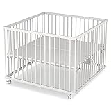 Sämann Laufgitter 100x100 cm, TÜV geprüft 2022, stufenlos höhenverstellbar, Baby Laufstall, Buche weiß