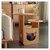 Wohnzimmertische 2-stufiger Holz-Beistelltisch mit kleinem Katzenhaus, Katzenbett, Beistelltisch, Nachttisch, Couchtisch mit Katzenbett, Katzenwohnungen for Wohnzimmer, Schlafzimmer, Balkon, Familie u