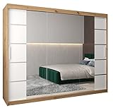 Kryspol Schwebetürenschrank Verona 4 250 cm mit Spiegel Kleiderschrank mit Kleiderstange und Einlegeboden Schlafzimmer- Wohnzimmerschrank Schiebetüren Modern Design (Artisan Eiche + Weiß)