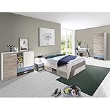 Jugendzimmer Kinderzimmer Komplett Set, Sandeiche mit weiß Lava blau, 140 x 200 cm Jugendbett, Kleiderschrank, Nachttisch, Kommode, Schreibtisch