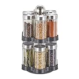 Relaxdays Gewürzkarussell, 12 Gewürzgläser, Gewürzregal 360° drehbar, Edelstahl, Glas, HxD: 25,5 x 14 cm, Silber/schwarz