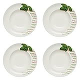 KHG 4er Set Pastateller, extra groß mit 30cm Durchmesser in Basilikum Print, perfekt für Gastro und Zuhause, hochwertiges Porzellan, Suppenteller, Salatteller, Spühlmaschinengeeignet