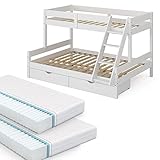 VitaliSpa Hochbett Kinderbett Spielbett Everest modern Massivholz Kinderzimmer Bett Lattenrost Bettleiter Kletterbett Doppelbett Geschwisterbett (Weiß, 140x200 cm mit Schubladen & Matratzen)