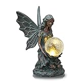 TERESA'S COLLECTIONS Gartendeko für draußen, Kniende Elfe Gartenfiguren Solar Glaskugeln Beleuchtung 33cm ElfenEngel Garten Figur Feen Statue aus Harz Bronze Solarfiguren Fee Fairy Figur
