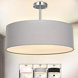 Deckenleuchte, SPARKSOR Stoff Deckenlampe, Grau Rund Pendelleuchte für Wohnzimmer Schlafzimmer Küche Esszimmer, Durchmesser 45cm, Chrom matt, Warmweiss 3-flammig E27