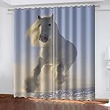 BONDIJ Vorhänge Kinderzimmer Mädchen Junge 3D Weißes Tierpferd Blickdicht Verdunkelung 2Er Set 160X150cm(HxB) Verdunkelungsvorhang Thermogardinen Wohnzimmer Mit Ösen Vorhänge Schlafzimmer