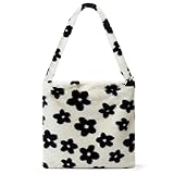 KALIDI Plüsch Handtasche mit Reißverschluss Niedlich Flauschige Crossbody Bag Damen Schultertasche für Uni Mädchen, Schwarze Blumen