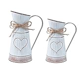 Smavles Vintage Blumenvase Herz 2 Stück Blumeneimer Eisen Blumentopf Shabby Chic Rustikale Milchkanne mit Einzigartigem Herzförmigen und Seil Design, Garten Balkon Wohnzimmer Tischdeko