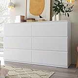 Merax Kommode Weiss mit 6 Schubladen 130 cm, Schubladenkommode Schlafzimmer, Sideboard Wohnzimmer aus MDF, moderner Highboard Schubladenschrank, TV Schrank, Hochglanz, 130 x 40 x 88 cm