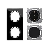 OneKeyElectro Set: Schuko-Steckdose und Ein-Aus-Lichtschalter, unterputz, matt-Antifingerprint, Schutzart IP20, 230V/16A, rund mit Glas-Abdeckrahmen 2fach, senkrecht, schwarz