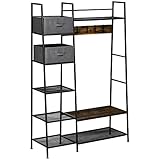 HOMCOM Garderobenständer, Garderobe mit Sitzbank, Kleiderständer mit verstellbaren Haken, Stoffschubladen, 185,5 cm hoch, Mantelgestell für Flur, Schlafzimmer, Rustikales Braun+Grau