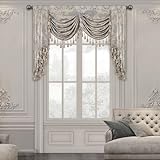 TOPLUXE Swag Valance for Windows, Damask Waterfall Valance with Tassels, Short Curtain for Bedroom Living Room Kitchen, Rod Pocket (W59, Light Grey)
