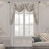 TOPLUXE Swag Valance for Windows, Damask Waterfall Valance with Tassels, Short Curtain for Bedroom Living Room Kitchen, Rod Pocket (W59, Light Grey)