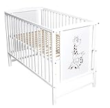 Dedstore-Baby Babybett 120x60 cm Höhenverstellbar - Babybett - Beistellbett Baby Weiß mit Motiv Giraffe - Baby Bett - Kinderbett - Babybetten - Bett Baby - Baby Bed