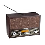 VOSTERIO Retro FM Kurzwellenradio, Radiowecker aus Holz mit Kabelloser Ladestation, Vintage-Radio mit Bluetooth-Lautsprecher, USB-Diskettenspieler, LCD-Display, Wecker mit 2 Wecktönen