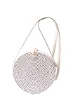 Ulisty Damen Rund Handgefertigt Rattan Tasche Kreis Handgewebt Stroh Tasche Korb Sommer-Strandtasche Schultertasche Umhängetasche Weiß