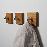 WOODS Garderobenhaken quadratisch aus Holz I handgefertigt in Bayern I einzeln oder als Garderobenleiste I Garderobe Hakenleiste Handtuchhalter (3 Stück, Eiche, Edelstahl Haken)