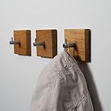 WOODS Garderobenhaken quadratisch aus Holz I handgefertigt in Bayern I einzeln oder als Garderobenleiste I Garderobe Hakenleiste Handtuchhalter (3 Stück, Eiche, Edelstahl Haken)
