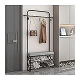 Flurbaum mit Schuhbank, freistehender Garderobenständer, 9 Kleiderbügelhaken, Aufbewahrungsorganisator für Eingangsbereich, Flur und Badezimmer (Farbe: Schwarz, Größe: 80 x 25 x 178 cm)