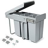 LVJ Einbaumülleimer Unterschrank Küche Abfallsammler Müll-Trennsystem 3 Fächer Ausziehbar 3 x 10 l, Gesamtgröße 48 x 26 x 42 cm (L x B x H), Grau