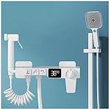 SWHC Badewannenarmatur mit Handbrause, Badewannenarmatur mit 3 Funktione Handbrause, Bidet Sprayer, Thermostat Wasserfall Mischbatterie Badewanne Wandmontage LED Anzeige Wasserhahn Badewanne