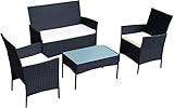 Polyrattan Sitzgruppe Fort Myers 4 Personen 2er Sofa, 2 Stühle, Tisch & Sitzkissen wetterfest Rattan schwarz Polster Creme Balkonmöbel Gartenmöbel Set