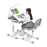 GOPLUS Kinderschreibtisch Set, Schreibtisch Höhenverstellbar, Schülerschreibtisch mit Lampe, Kindermöbel Neigungsverstellbar, Kindertisch mit Stuhl, Arbeitstisch mit Schublade (Grau)