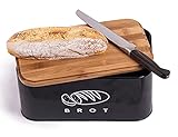 SYLANDO Brotkasten mit Großer Kapazität, Hochwertige Metall Brotbox, Die Aufbewahrung für noch länger frisches Brot, Deckel aus Ökologisches Bambus (Schwarz, Klein: 31 * 19 * 15 cm)
