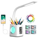 Schreibtischlampe Kinder LED, Tischlampe 10W Touch Dimmbar, Nachttischlampe Tischleuchte 7 in 1 mit 3 Helligkeitsstufen/USB-Anschluss/256 RGB/Stifthalter/Uhr/Kalender und LCD-Bildschirm Leselicht Büro