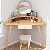 BTZHY Schminktisch,Gebogener Eck-Make-up-Schreibtisch mit rundem Spiegel und Hocker, für Mädchen-Schlafzimmer-Schminktisch, 1 Schublade und Staufach, Holzfarbe