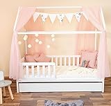 Hausbett Deko Set mit Baldachin, Wimpel und Lichterkette für Hausbetten bis zu 2m Länge in Rosa für Jungen I Mädchen Deko für Kinderzimmer I Babyzimmer, Betthimmel lädt Kind zum Träumen ein