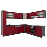 Vicco Eckküche Küchenblock Einbauküche R-Line J-Shape 277x257 cm modern Küchenschränke Küchenmöbel (Anthrazit-Rot)