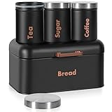 Cinnani Brotkasten,Retro-Brotbox Scharnierdeckel,Brotaufbewahrungsbox Brotdose,1 Brotbox mit 3er Set Vorratsdose für Kaffeedose,Zuckerdose oder Teedose,Großer Knäckebrot Bread Box aus Metall,Schwarz