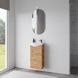 Planetmöbel Waschtischunterschrank 40cm mit Waschbecken in Gold Eiche, Badmöbel Set mit Spiegel und Leuchte