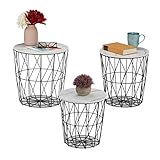 Relaxdays Korbtisch 3er Set, Beistelltisch Wohnzimmer, Metall & Marmoroptik, 3 Größen, Drahtkorb-Tisch, weiß/schwarz